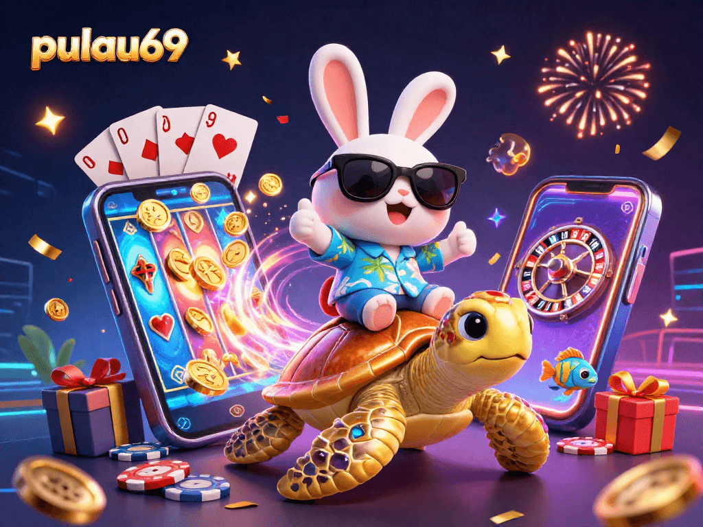 Experience the fun at pulau69 with a lively 3D illustration of a lucky rabbit, golden turtle, and festive gaming elements.