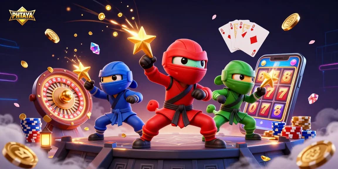 PHTAYA your winning chance with a dynamic scene of ninja chameleons and casino elements creating a lively casino atmosphere.