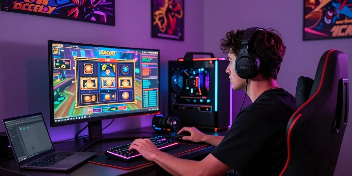 Gamer bermain slot gacor di ruang permainan modern dengan monitor besar dan aksesoris gaming.