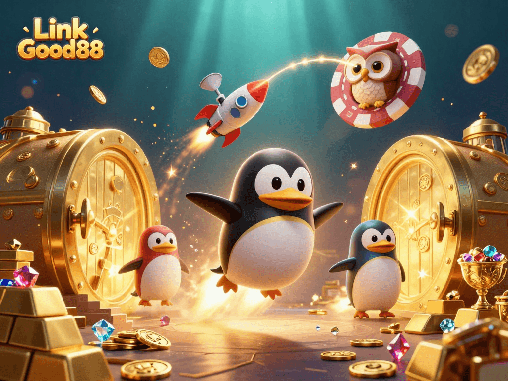 Join the excitement of Link Good88 with a golden penguin in a casino galaxy.