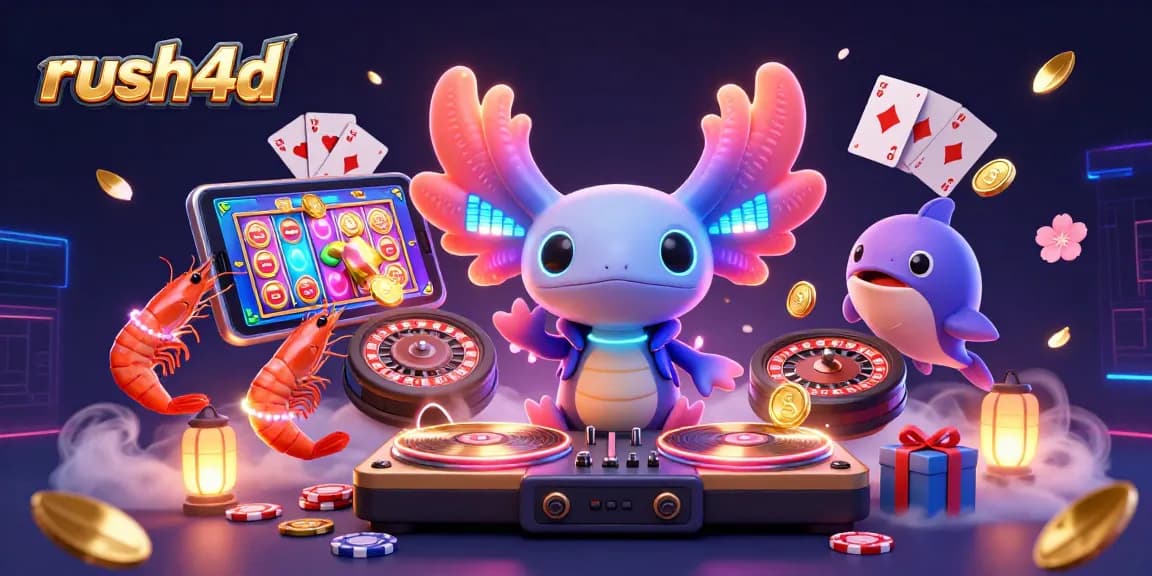 Menangkan jackpot dengan rush4d dalam ilustrasi kasino yang ceria dan penuh warna.