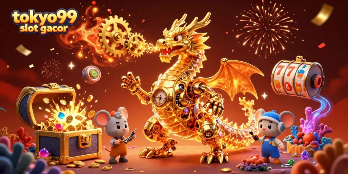 Menghadirkan desain grafis ‘tokyo99 slot gacor’ yang memperlihatkan keseruan bermain slot dengan karakter naga.