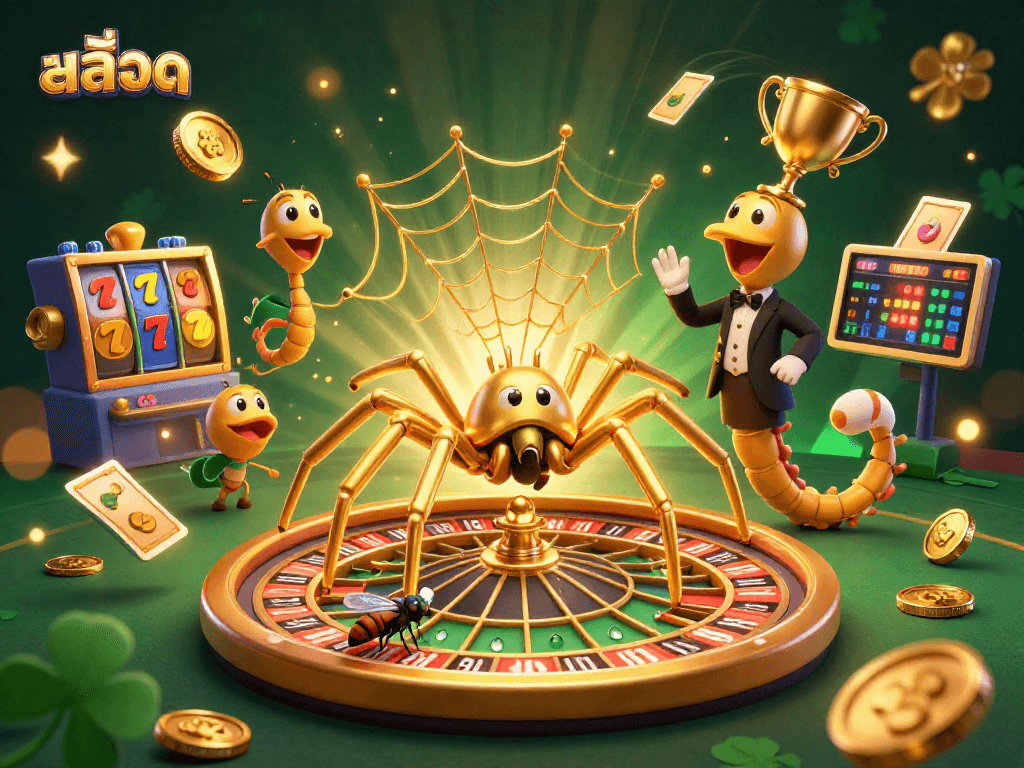 Experience exciting สล็อต action with a dynamic scene featuring a golden spider, croupier centipede, and rich gambling elements.