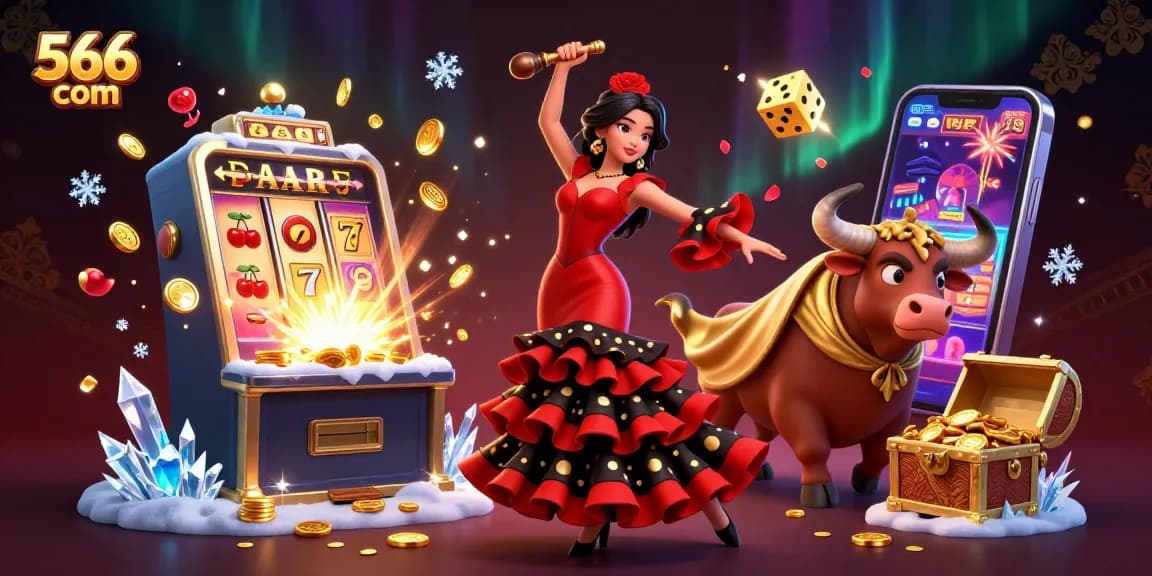 Experience excitement at 566 com with jackpots and vibrant casino elements in this dynamic illustration.