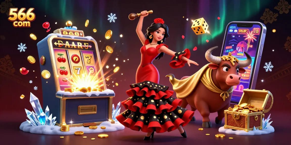 Experience excitement at 566 com with jackpots and vibrant casino elements in this dynamic illustration.