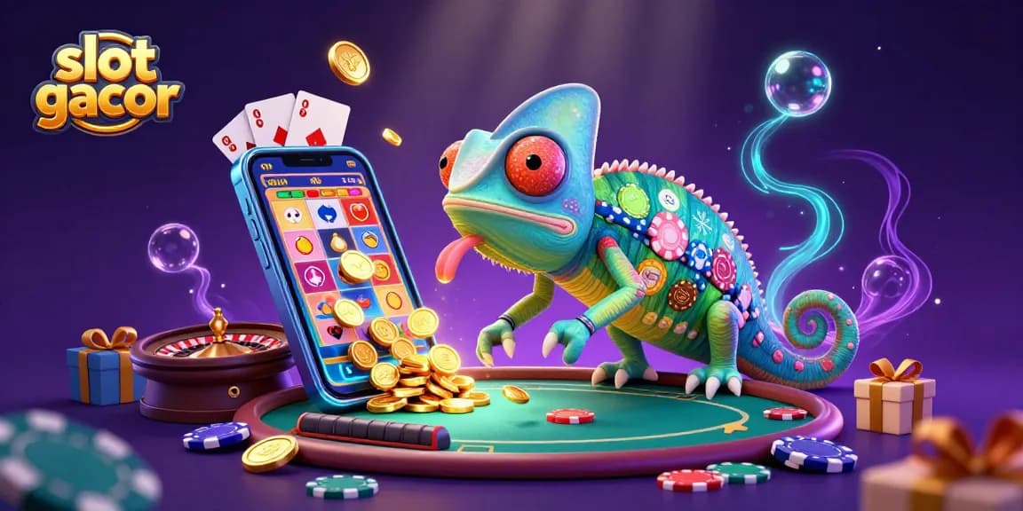 Engage with the exciting slot gacor world featuring a vibrant casino scene with a chameleon owner and dynamic gameplay elements.