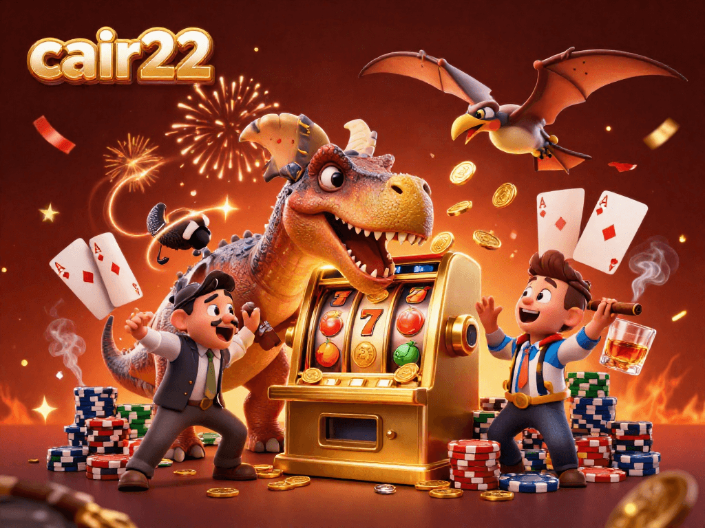 Cair22 illustrates a pachycephalosaurus winning jackpots, embodying a lively casino atmosphere.