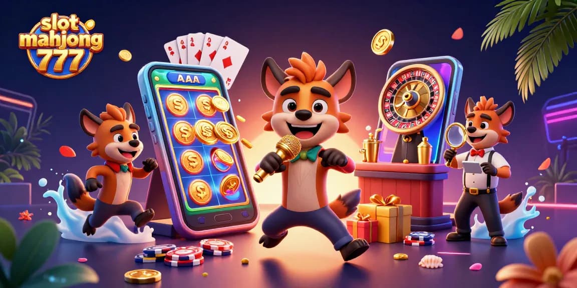 Engage with slot mahjong 777 in this vibrant 3D illustration showcasing lively casino elements.