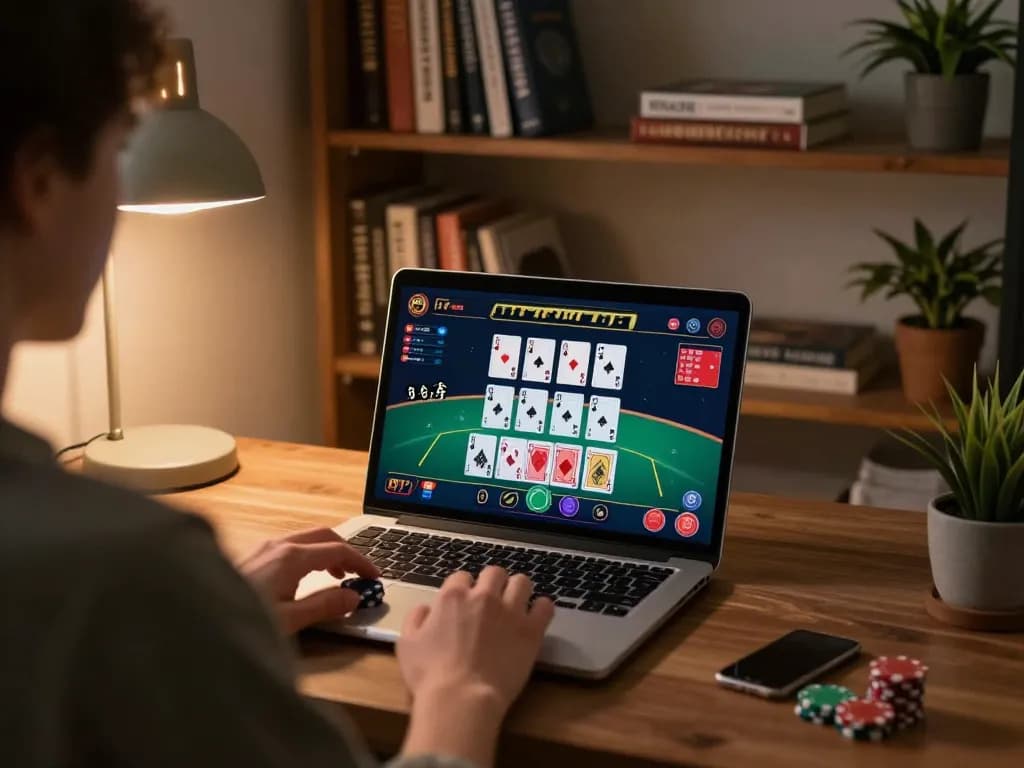 Pemain berinteraksi dengan permainan blackjack di alexis500 dalam pengaturan kantor rumah yang nyaman, menekankan pengalaman permainan strategis