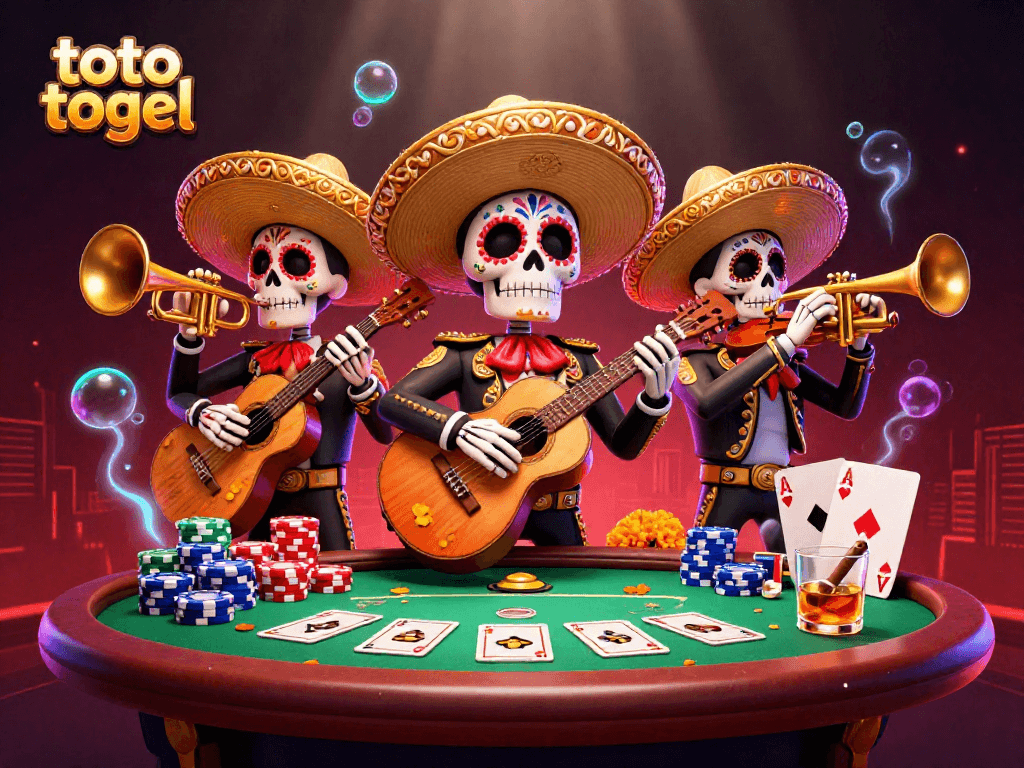 Menangkan toto togel dengan suasana kasino penuh warna dan meriah dari band skeleton mariachi.