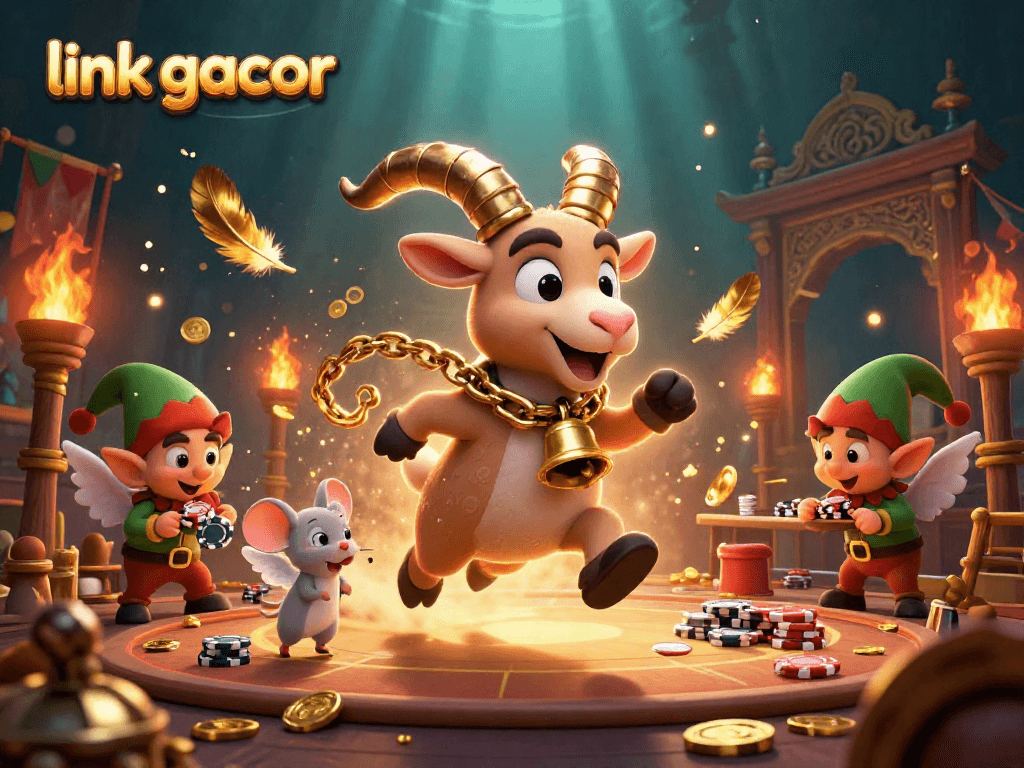 Engage with link gacor in a vibrant, animated casino scene filled with festive characters and rich details.