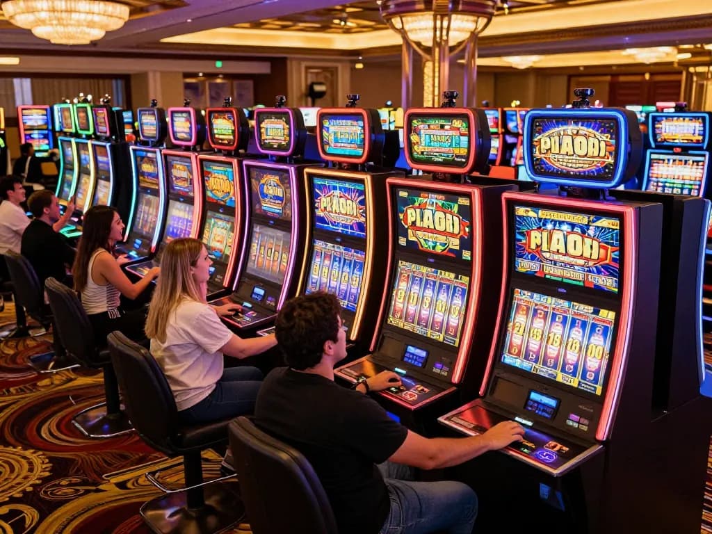 Players enjoying exciting slot machines with vibrant displays in a lively casino setting