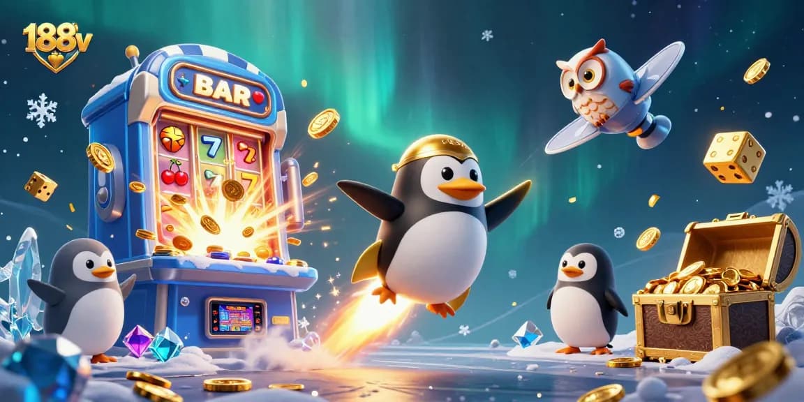 Experience the thrill of 188v with a golden penguin and jackpot slot machine in a vibrant casino adventure.