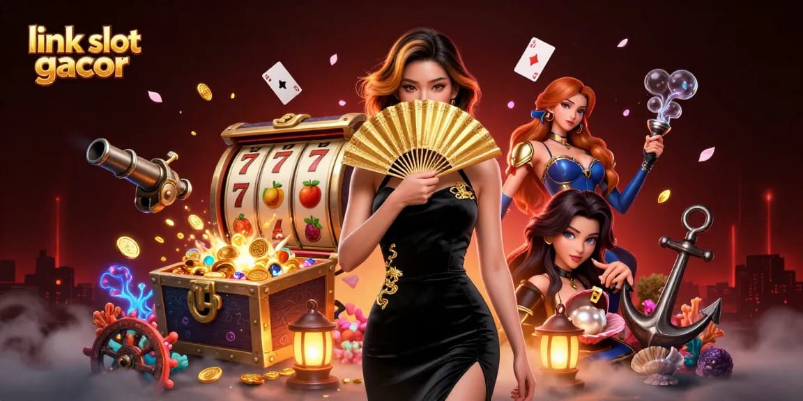 Experience the thrill of link slot gacor with a stunning Asian casino scene, showcasing spinning slots.