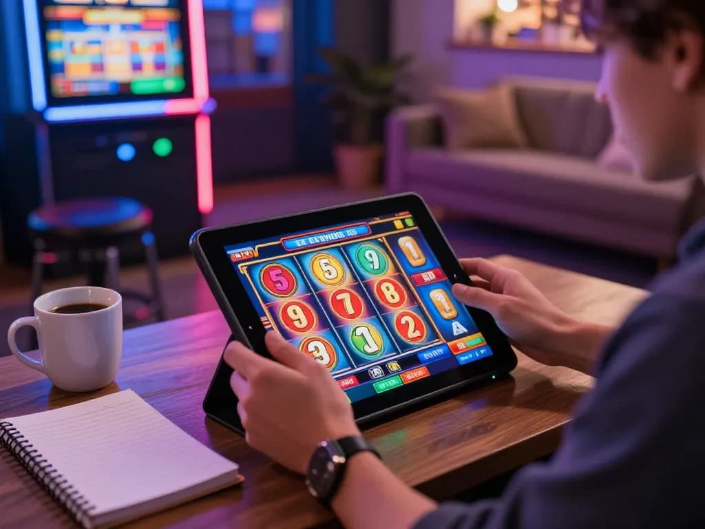 Engaging in QQSLOT Link Alternatif gameplay on a tablet in a vibrant home setting.
