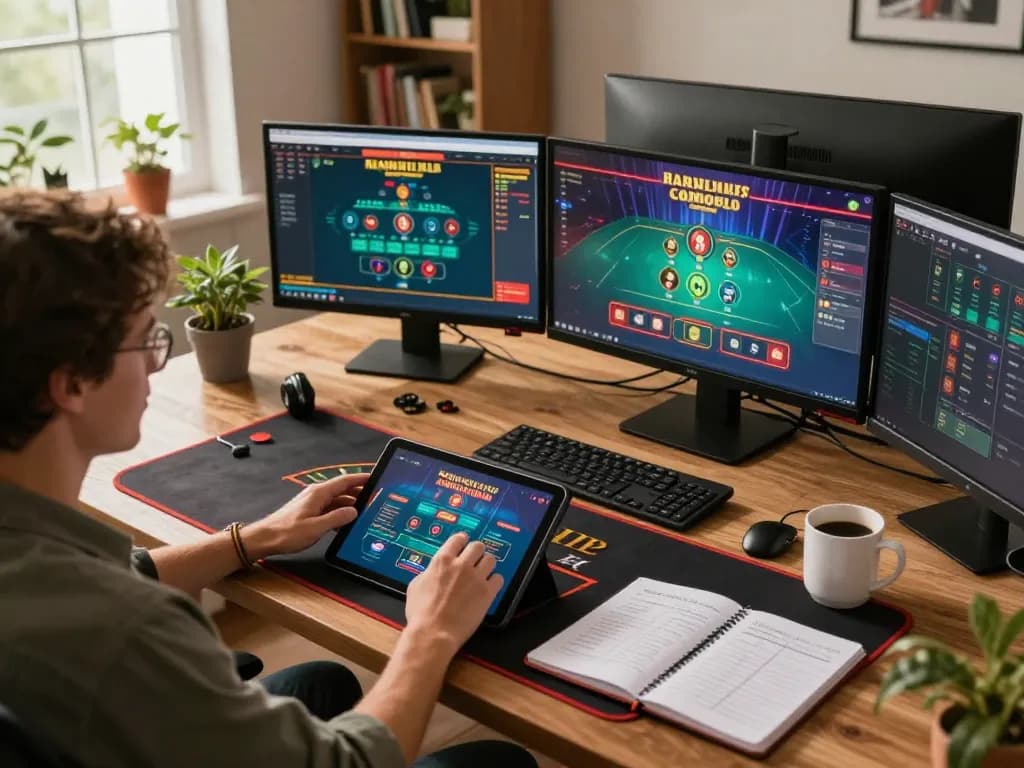 SC88 user engaging in live dealer blackjack at a stylish home gaming setup, showcasing responsible gambling.