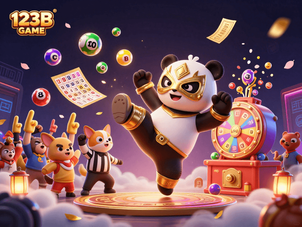 Watch the excitement of the 123B GAME with a panda in action, lottery elements, and vibrant atmosphere.