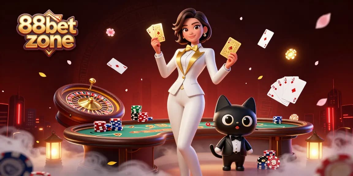 Experience engaging action at 88bet zone with a glamorous dealer shuffling cards alongside a stylish companion.