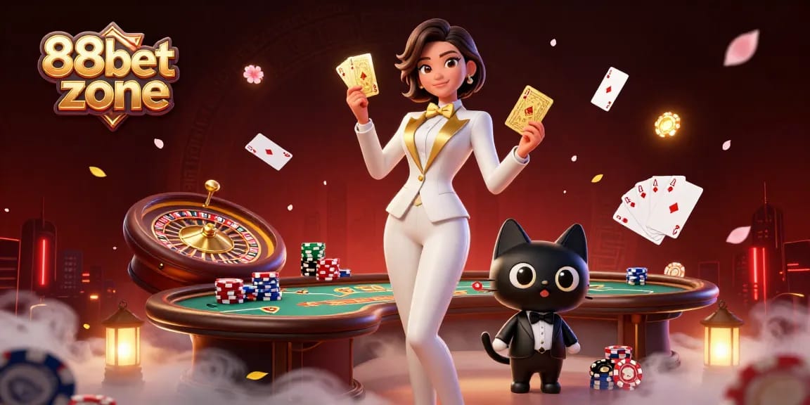 Experience engaging action at 88bet zone with a glamorous dealer shuffling cards alongside a stylish companion.