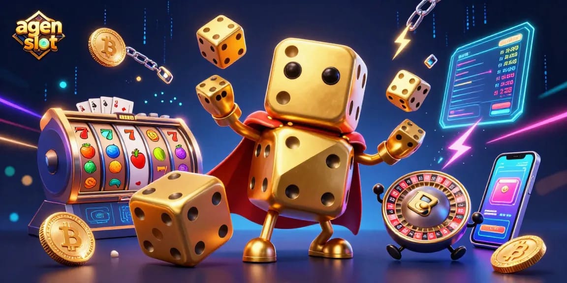 Permainan agen slot dengan dadu kuning yang berkilau dan simbol slot penuh kemenangan.