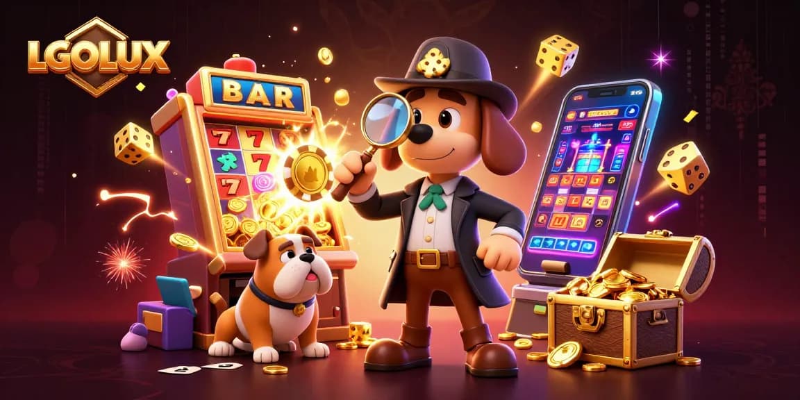 LGOLUX showcases a thrilling detective scene with casino treasures and vibrant game elements