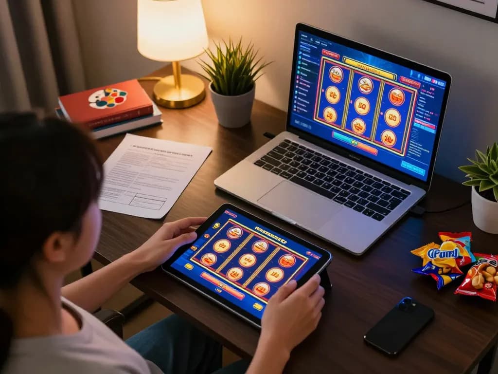 Engaging online gaming session with joylink free kredit shown on tablet, depicting vibrant casino play.