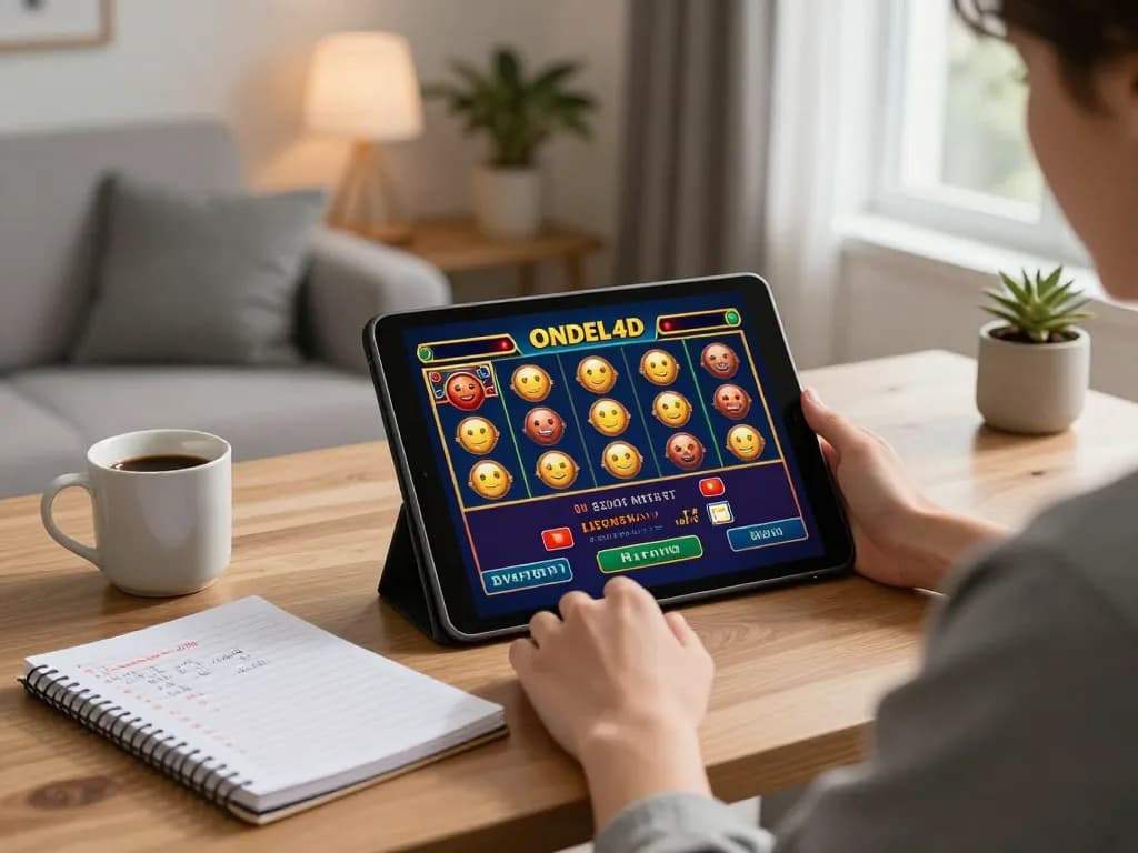 Pemain menikmati sesi permainan ONDEL4D di tablet di rumah dengan catatan strategi.