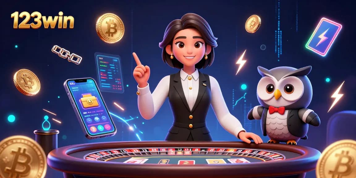 Experience 123win with a vibrant casino scene showcasing dealers and crypto excitement.