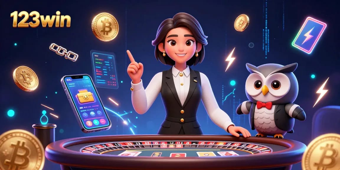 Experience 123win with a vibrant casino scene showcasing dealers and crypto excitement.