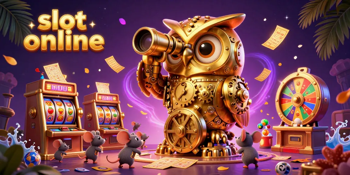 Slot online: Menangkan permainan dengan mesin slot yang berkilau dan karakter menarik di latar belakang kasino.
