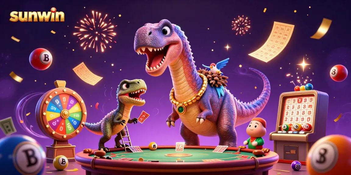Engage in thrilling gameplay with sunwin as a giant brontosaurus oversees a dynamic casino scene.