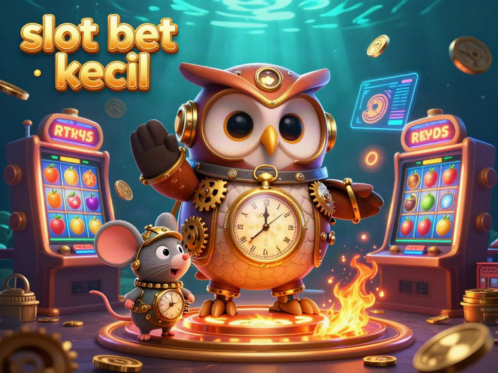 Slot bet kecil terbaru dengan karakter kasino berwarna cerah, mesin slot, dan koin emas yang bersinar.