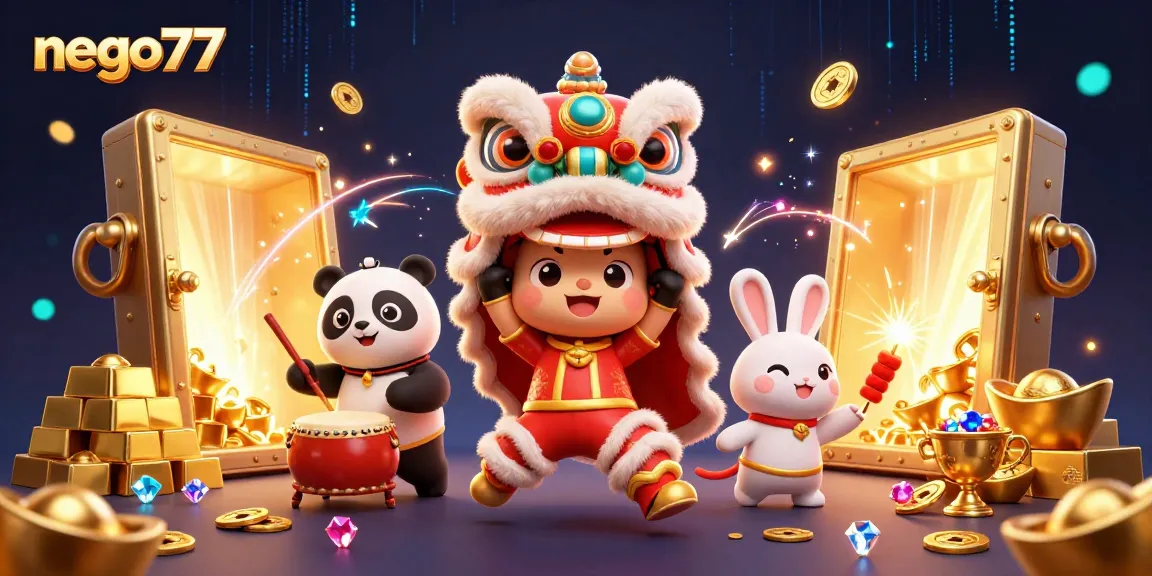Experience exciting gambling with nego77 in a vibrant Chinese New Year-themed illustration.