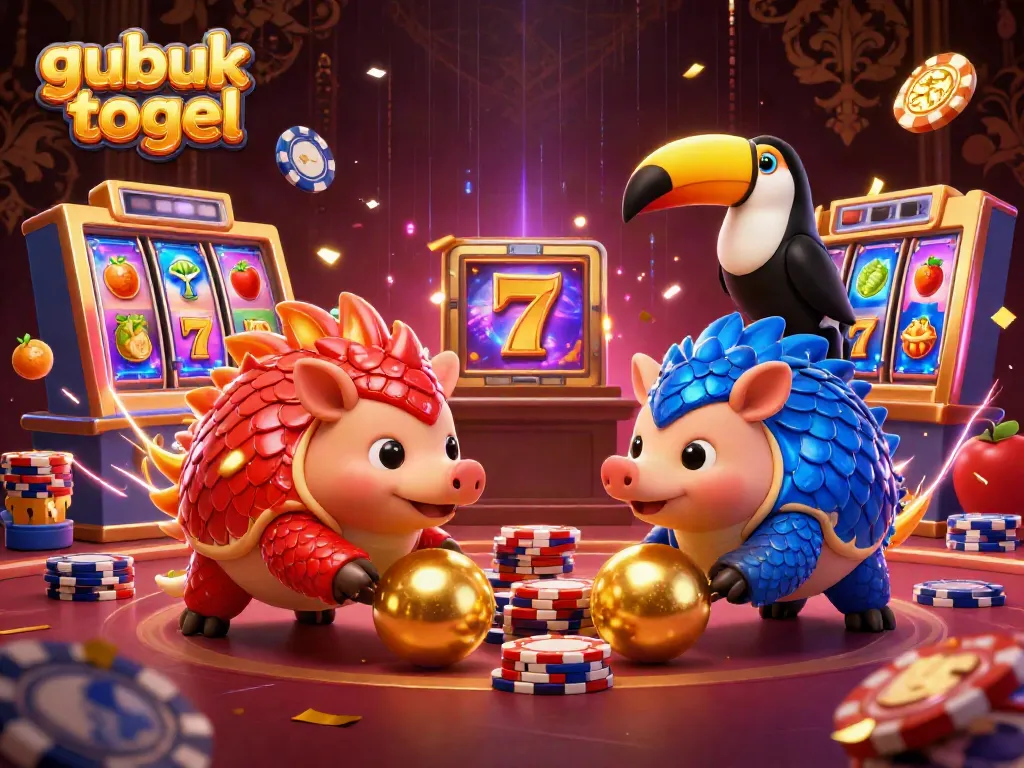 Ikon gubuk togel yang menampilkan pangolin berwarna merah dan biru dalam permainan slot yang penuh keseruan dan keberuntungan.