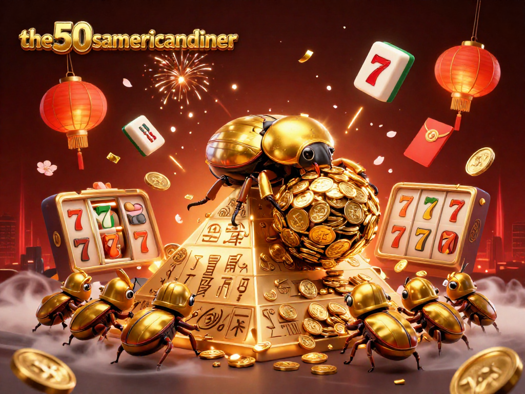 Engage with the50samericandiner's vibrant 3D slot scene showcasing golden coins and jackpot excitement.