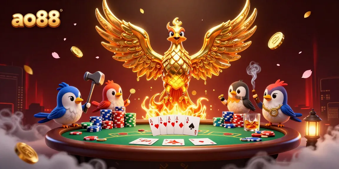 Ao88 showcases a dynamic gaming scene with a molten phoenix and poker elements for thrilling gameplay