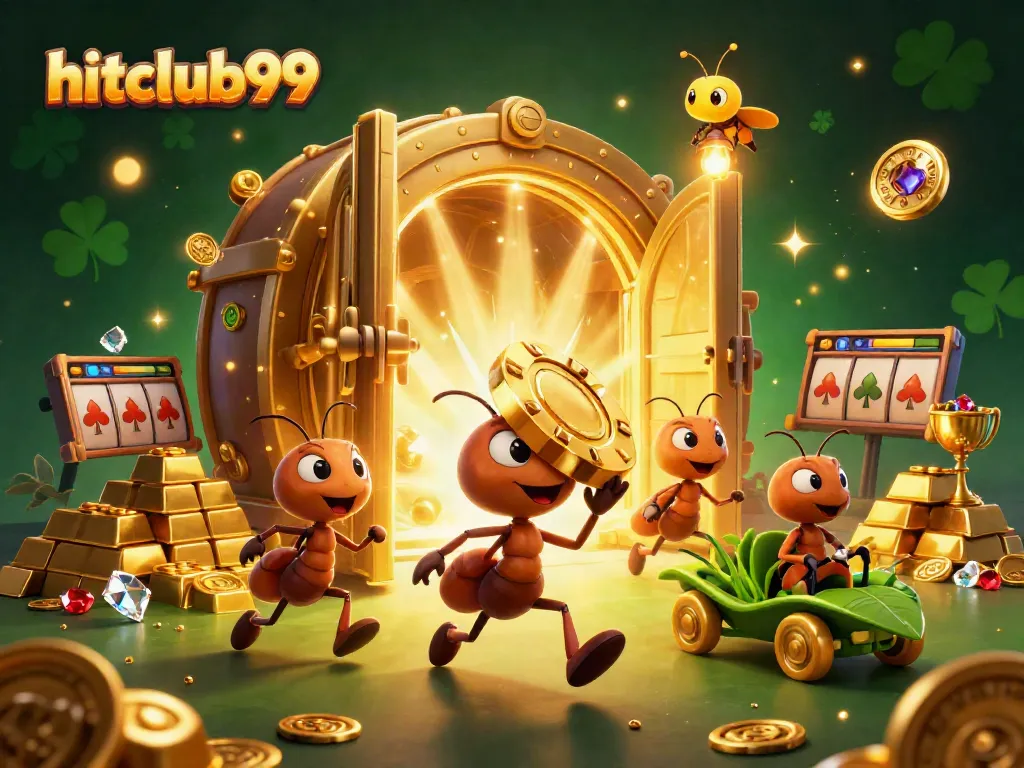 Experience thrilling heist action with hitclub99 ants carrying a giant poker chip amidst gold and jewels.