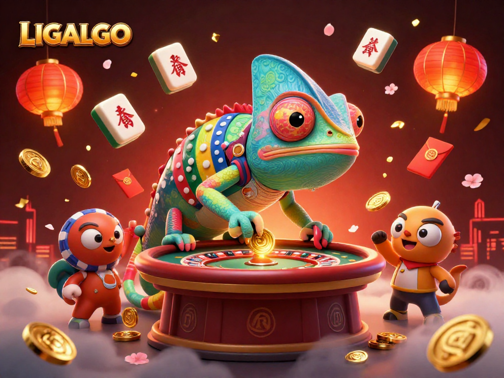 LIGALGO showcases a vibrant 3D casino scene featuring a chameleon owner amid colorful gaming elements.