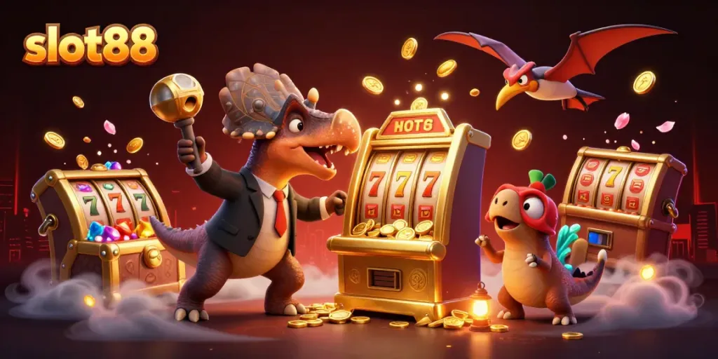 Experience exciting slot88 jackpots as dinosaurs interact with a golden slot machine, catching coins in a colorful casino scene.