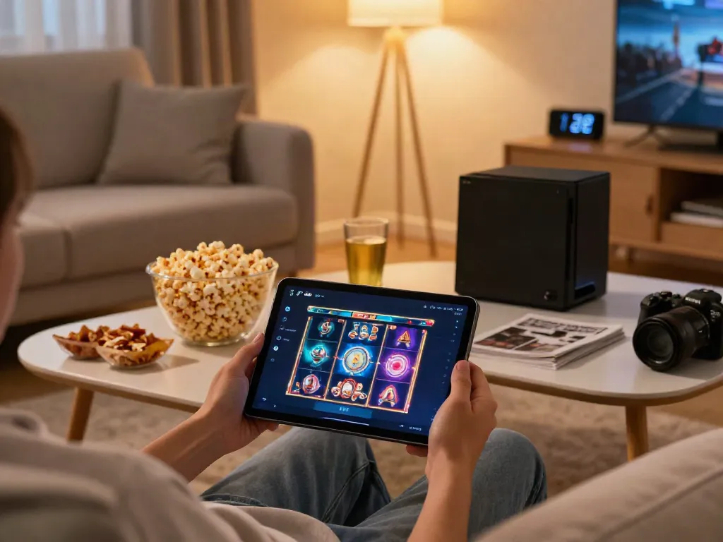 Engaging slot 4d gaming experience on a tablet in a cozy living room.