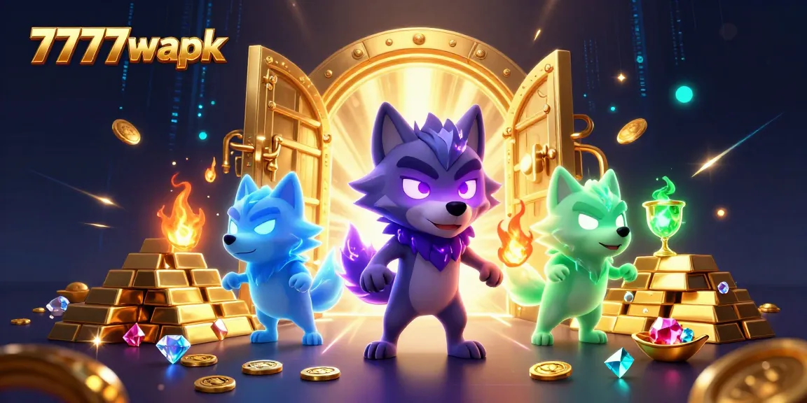 Experience thrilling gameplay with the 7777w apk, showcasing a mystical wolf character amidst treasures.