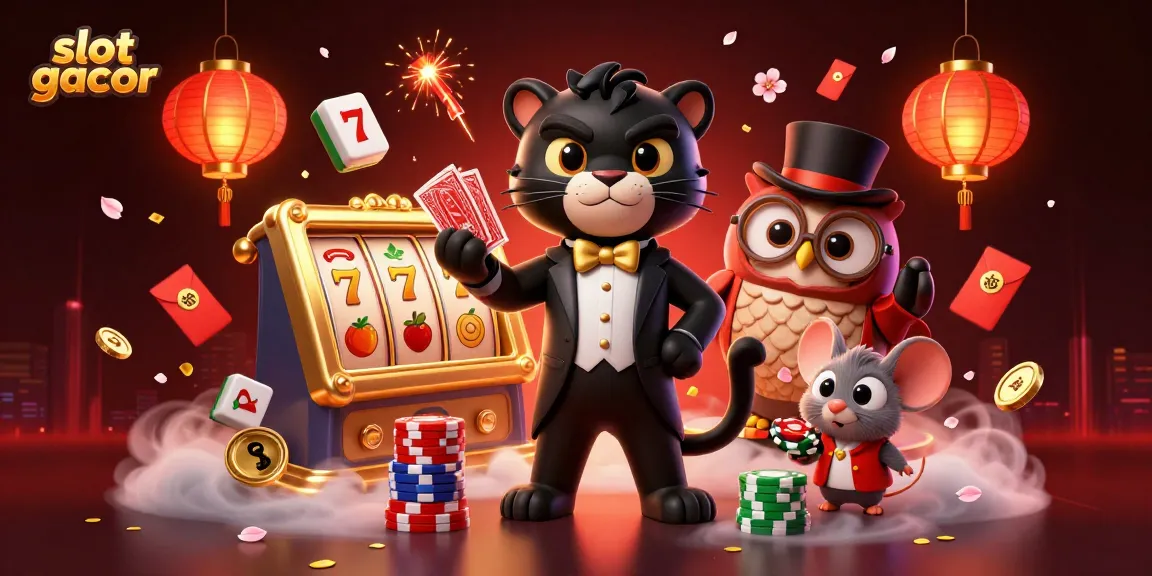 Engage with slot gacor strategies in a vibrant 3D casino scene with a panther, owl, and mouse.