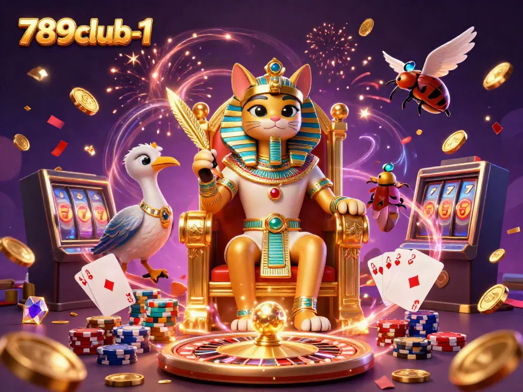 Experience the excitement at 789club-1 with a vibrant 3D casino scene featuring a pharaoh cat and dynamic game elements.