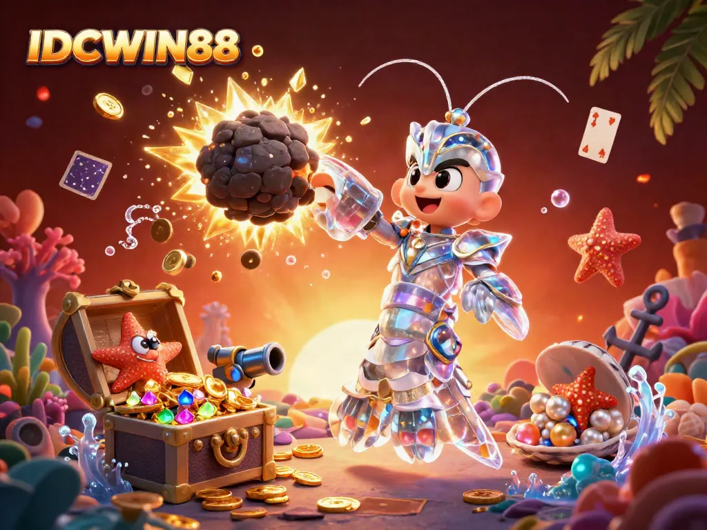 Experience the thrill of IDCWIN88 with a galactic mantis shrimp in action amid riches and vibrant casino elements.