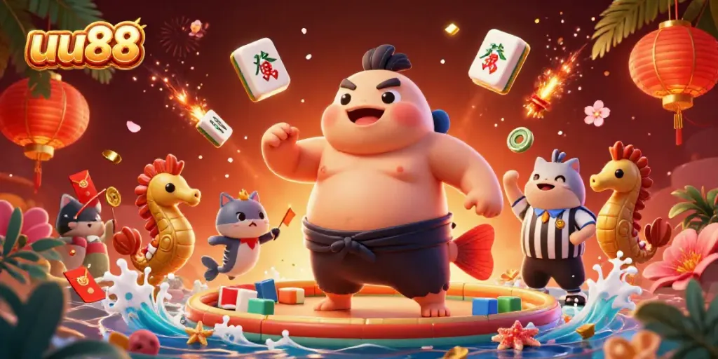 Experience the excitement of uu88 with a vibrant underwater casino illustration featuring a fugu, catfish referee, and cheering seahorses.