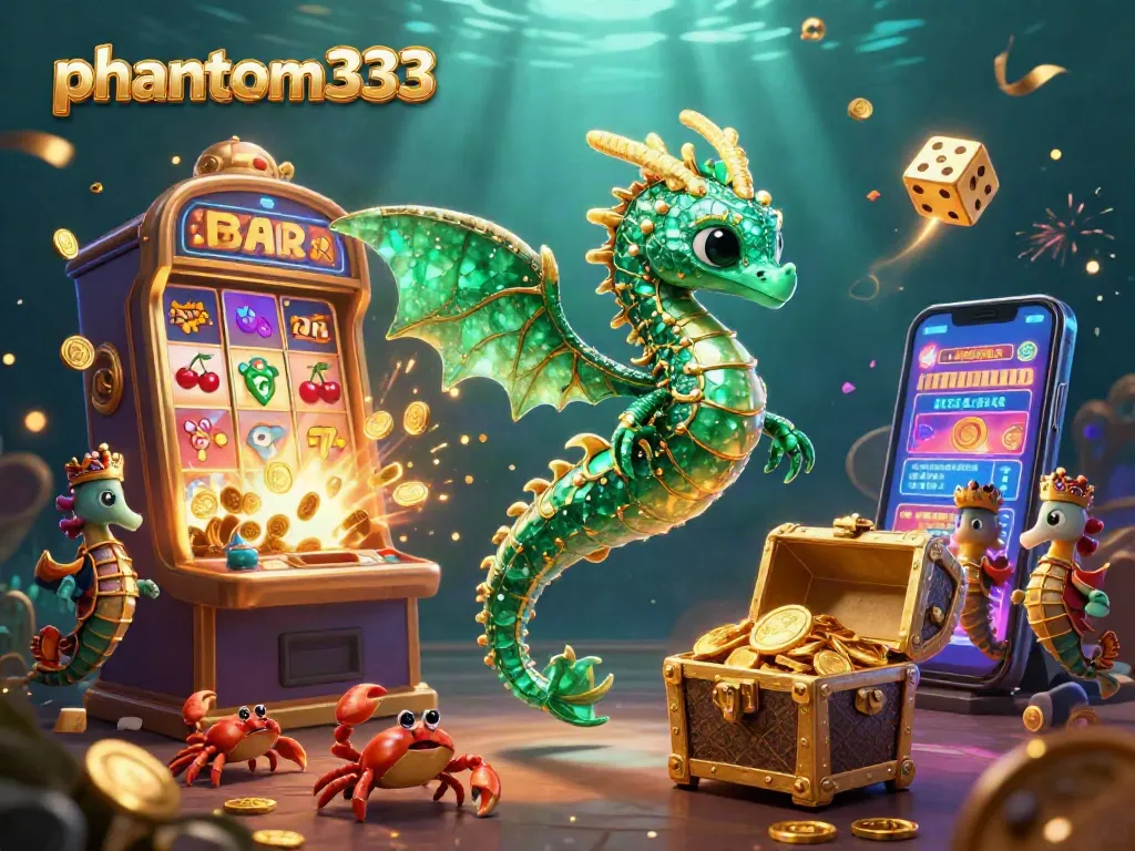 Witness the magical phantom333 casino scene with a dragon, seahorses, and treasures, celebrating winning potential.