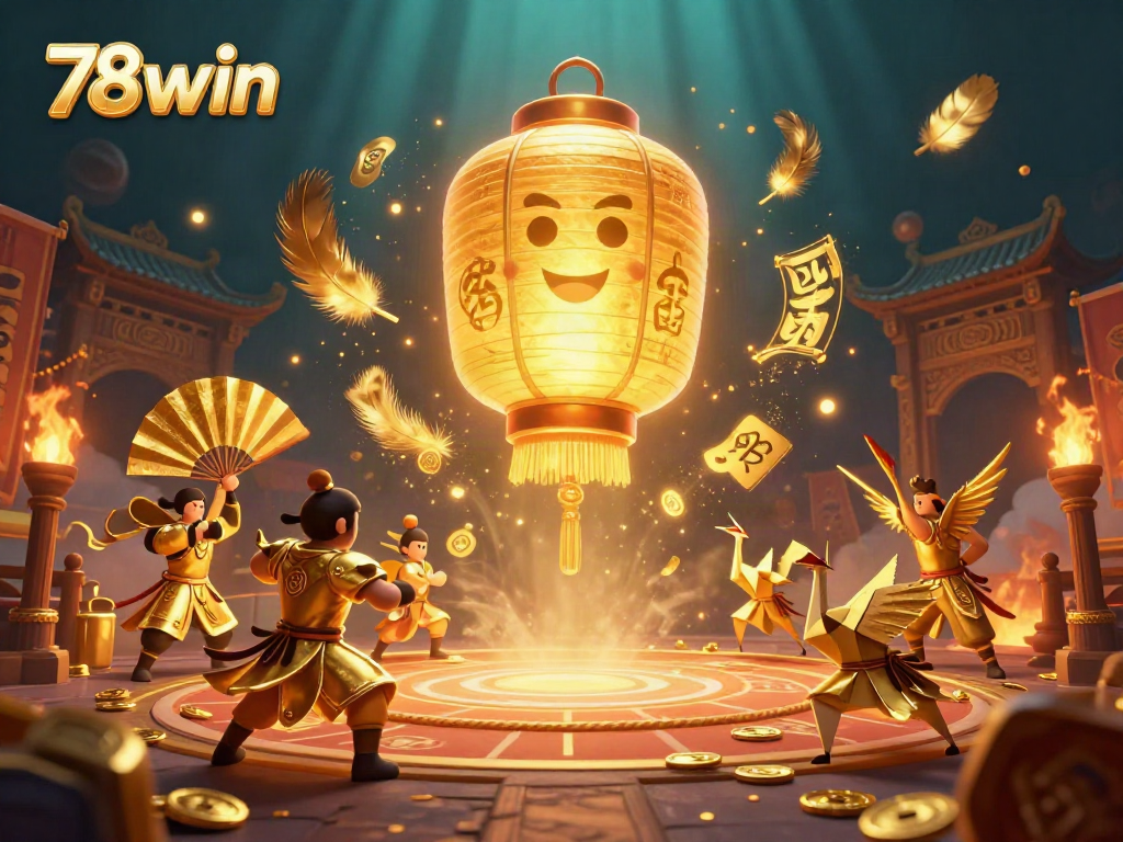 Experience 78win's vibrant casino world with a glowing lantern spirit and dynamic symbols.