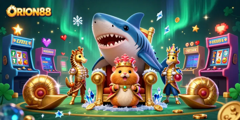 Engage with ORION88 slots featuring a lively scene of a hamster king and casino elements.