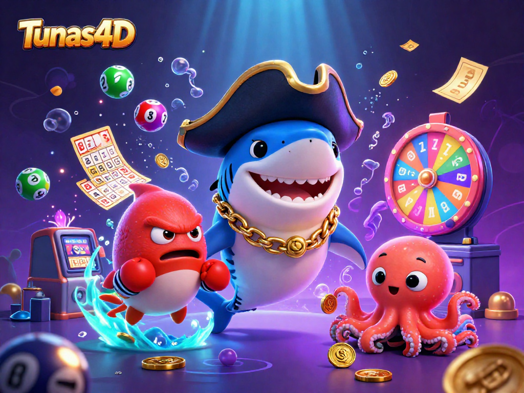 Engage with Tunas4D's dynamic lottery scene featuring a colorful character assembly.