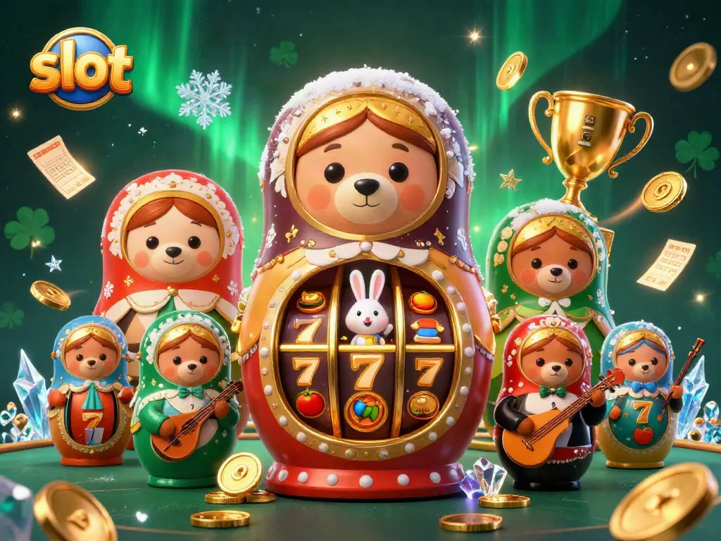 Spin slot dengan karakter unik, beruang Matryoshka dan unsur kasino yang menarik.